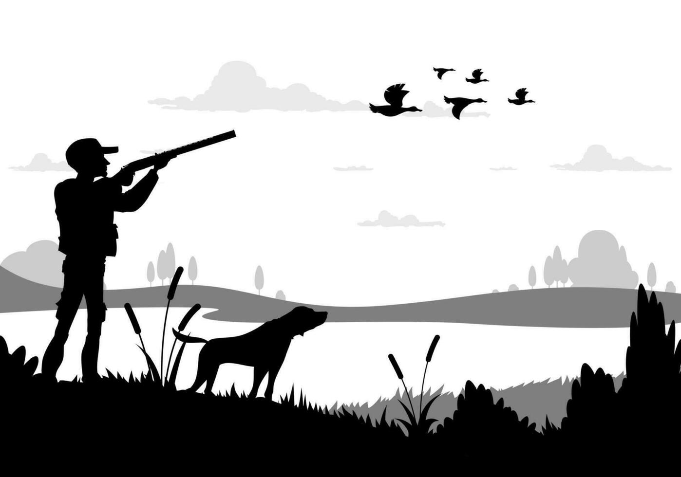 Hunting silhouette, hunter with shotgun, dog, duck vector
