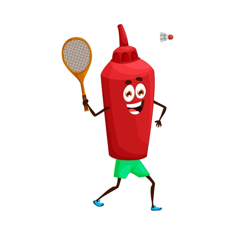 dibujos animados salsa de tomate botella personaje jugando bádminton vector