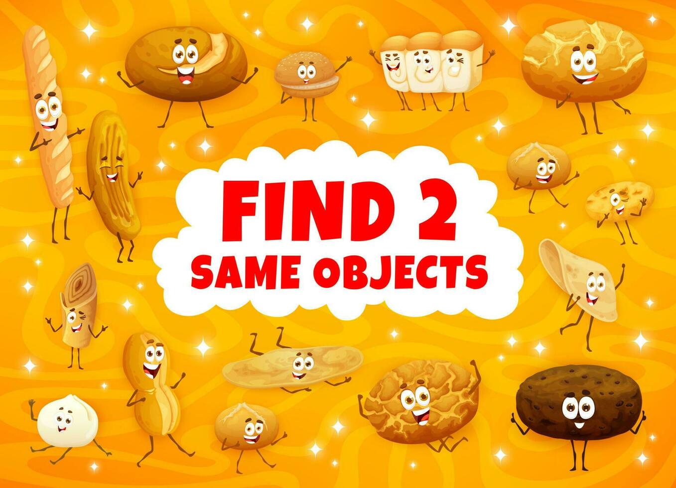Find two same cartoon bakery characters kids quiz vector