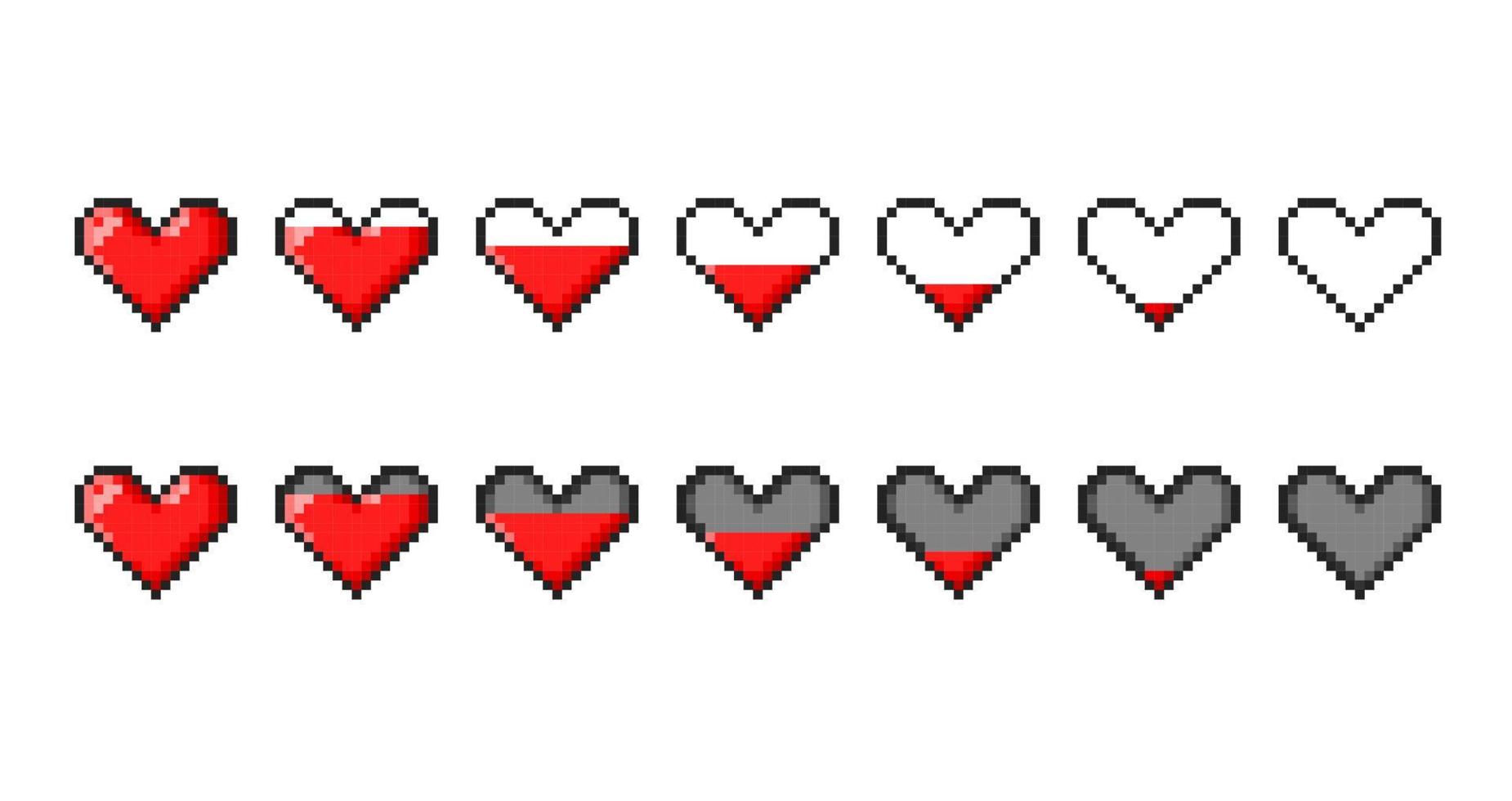 8 bit arcade game live level pixel heart bar vector