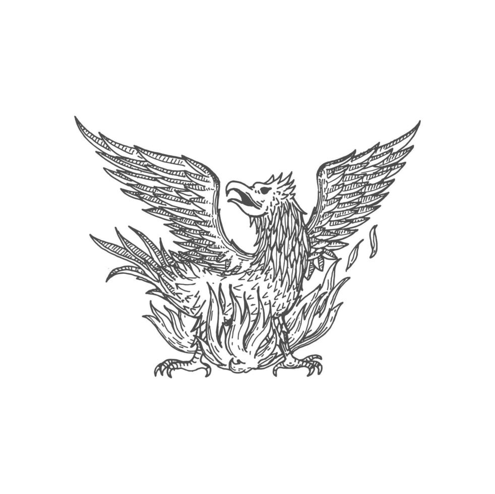 Phoenix bird in fire sketch icon, tribal firebird vector