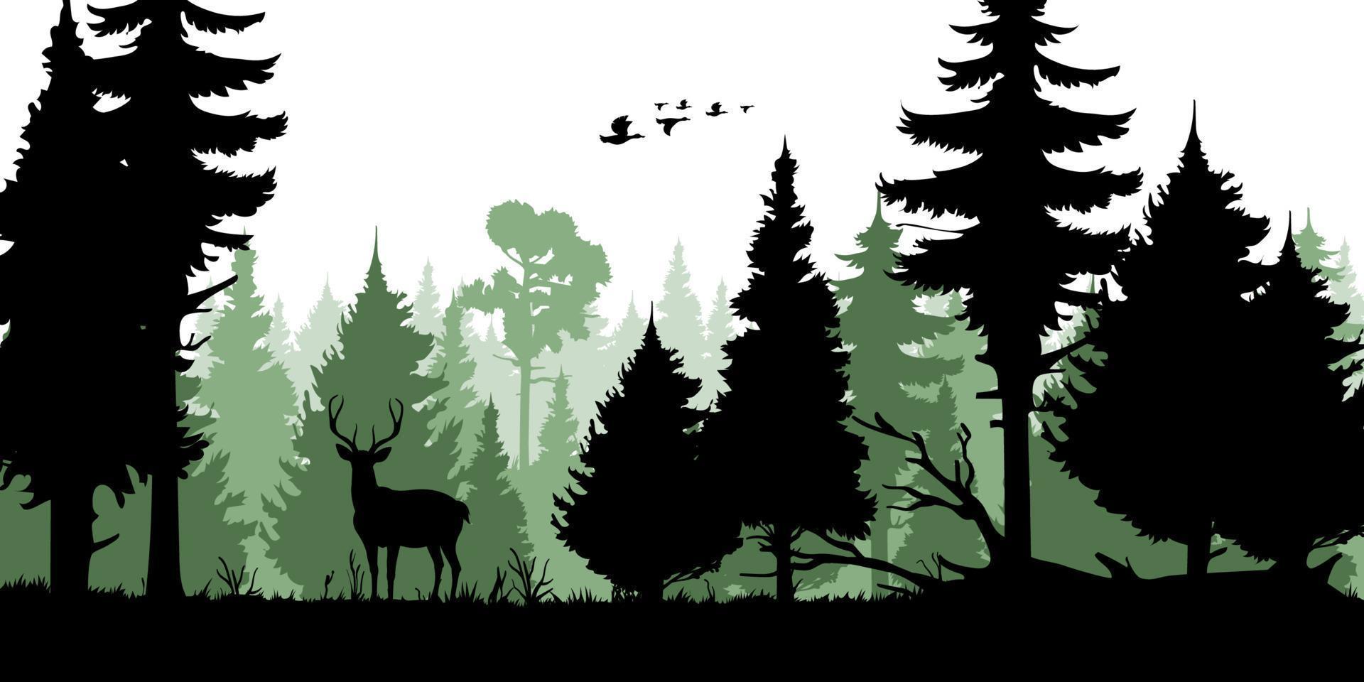 Forest trees silhouettes, deer and duck, hunting vector