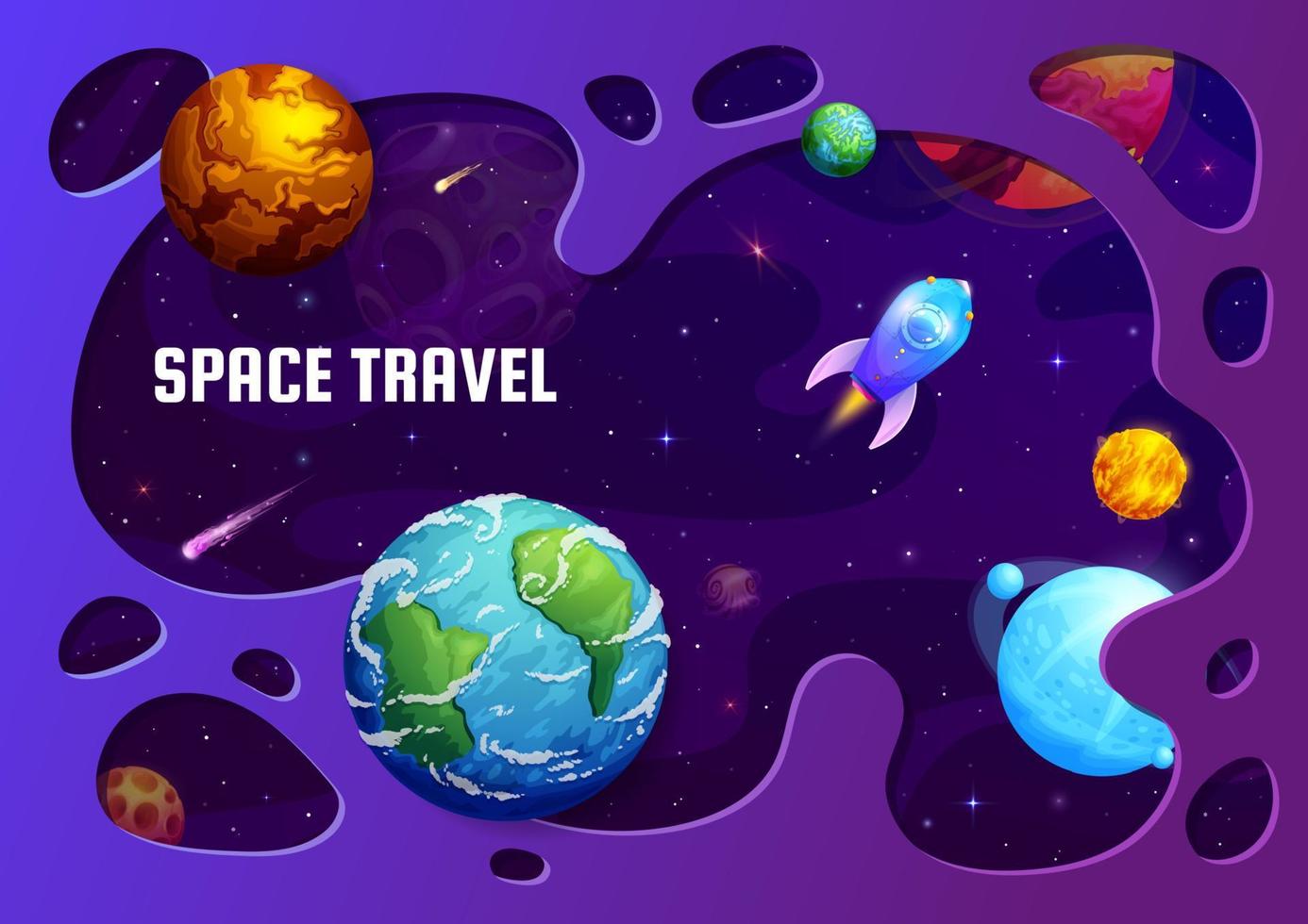 Paper cut space landscape with planets and rocket vector