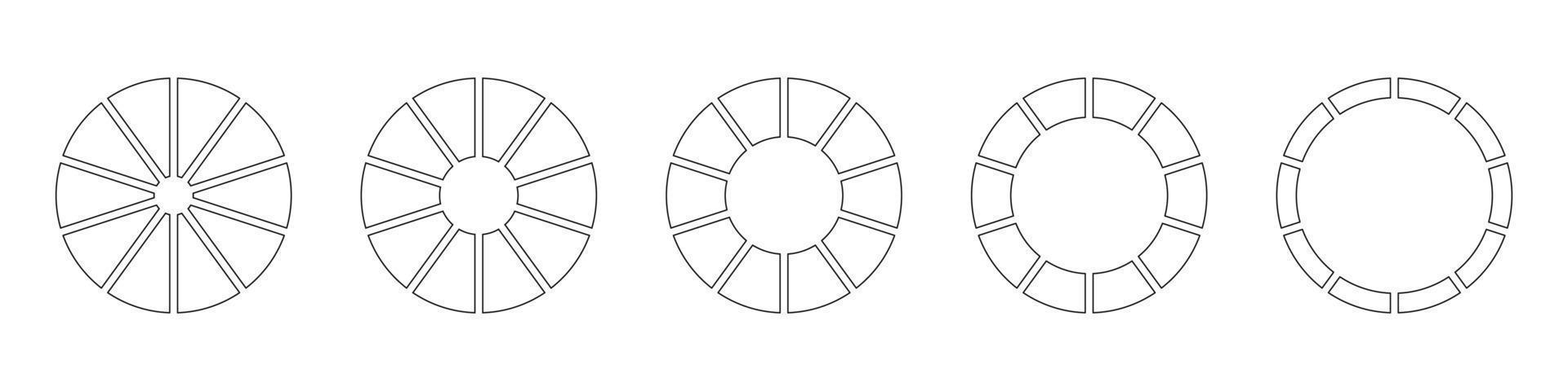 ruedas redondo dividido en diez secciones. diagramas infografía colocar. circulo sección grafico línea Arte. tarta gráfico iconos contorno rosquilla cartas o pasteles segmentario en 10 igual partes. geométrico vector elemento.