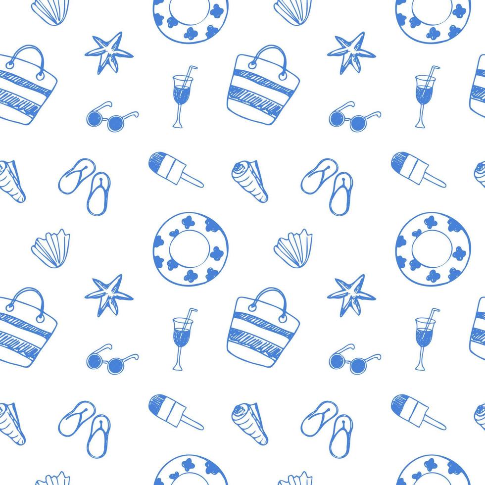 Nautical seamless repeat pattern with seashells and beach accessories, marine motif. Hand drawn for design, textile, web, wrapping paper and package design. Travel and leisure background. Vector