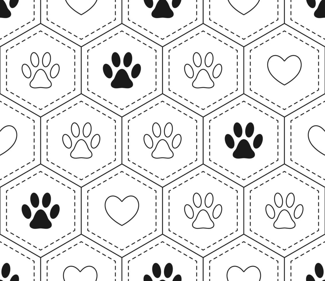 Seamless pattern background with hearts and footprints of home pet in geometric hexagonal grid. Black and white. Vector. vector