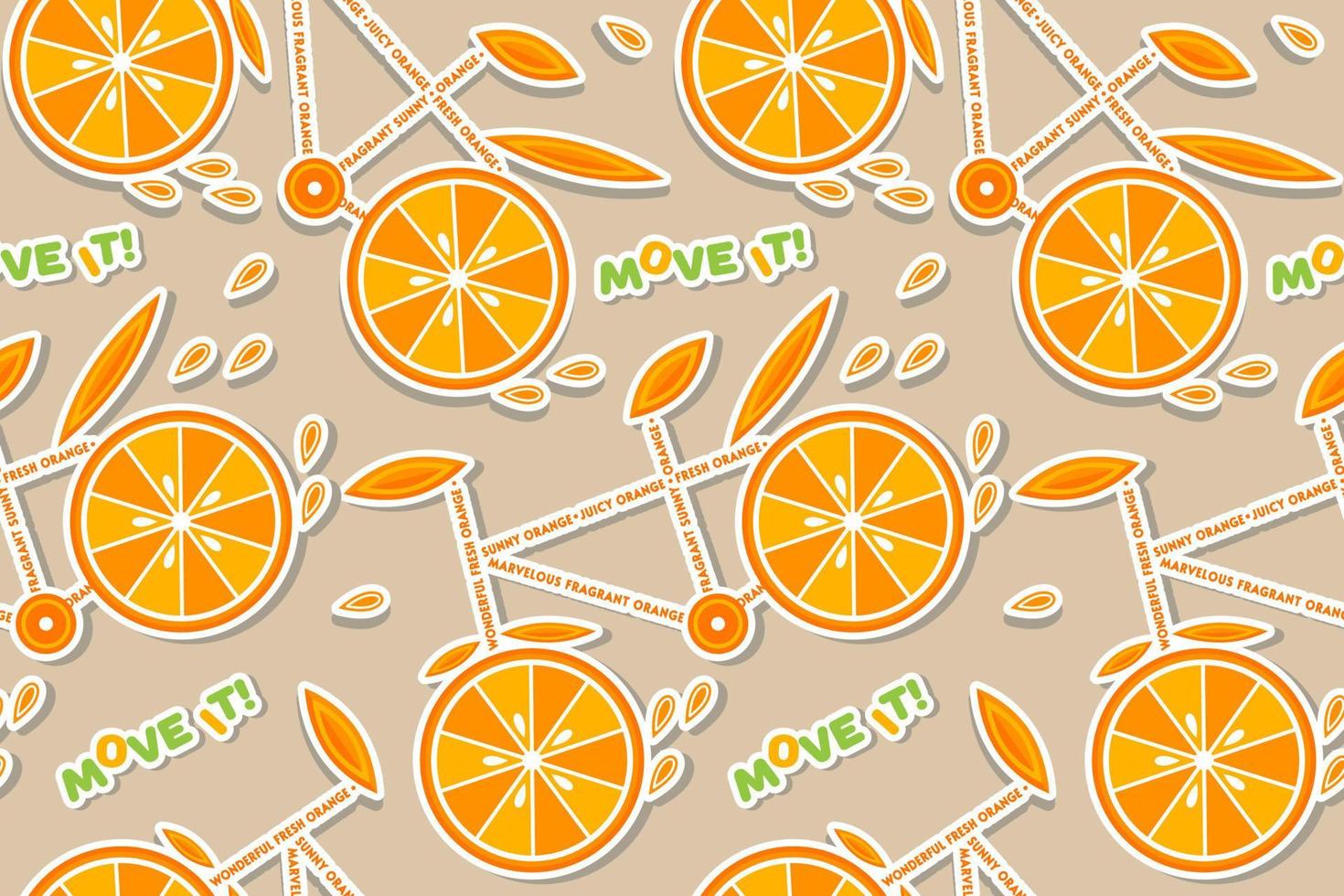 Seamless pattern with stickers of orange slices, bicycles with orange wheels and text. Concept of healthy, active lifestyle. vector
