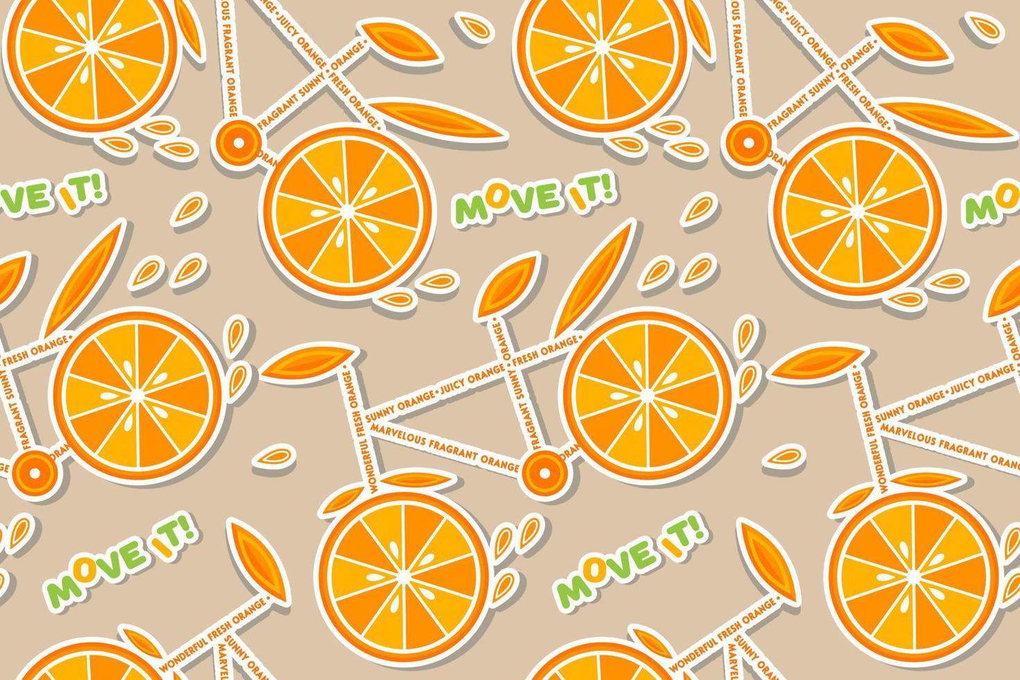 Seamless pattern with stickers of orange slices, bicycles with orange wheels and text. Concept of healthy, active lifestyle. vector