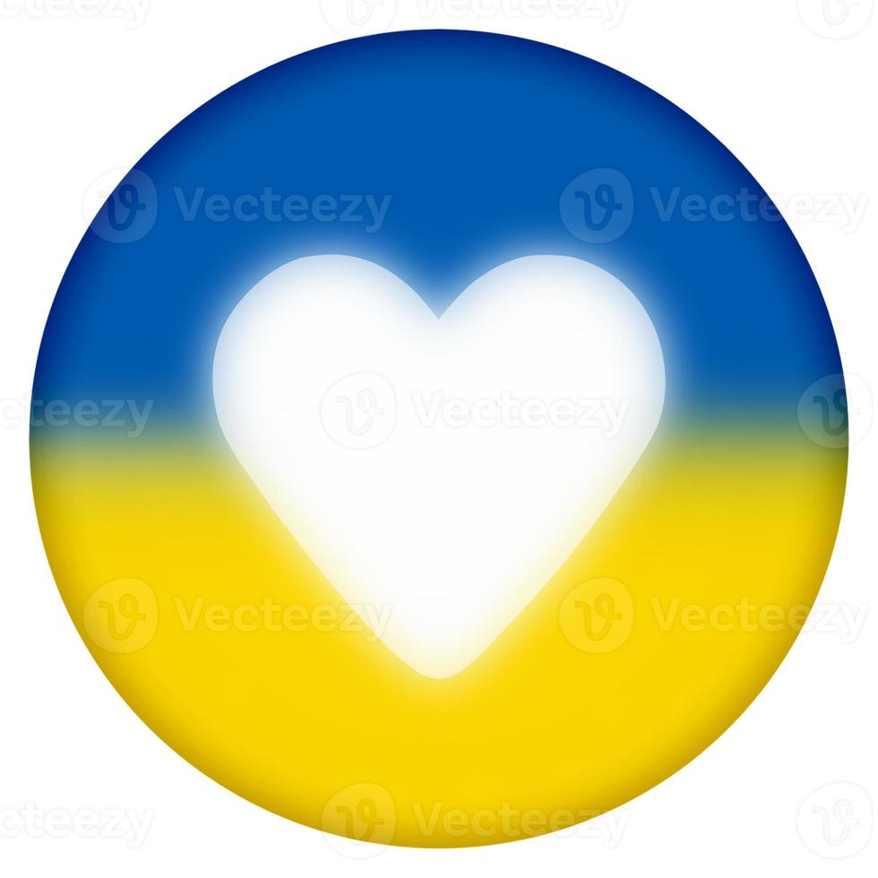 round button with shining heart on painted Ukrainian flag photo