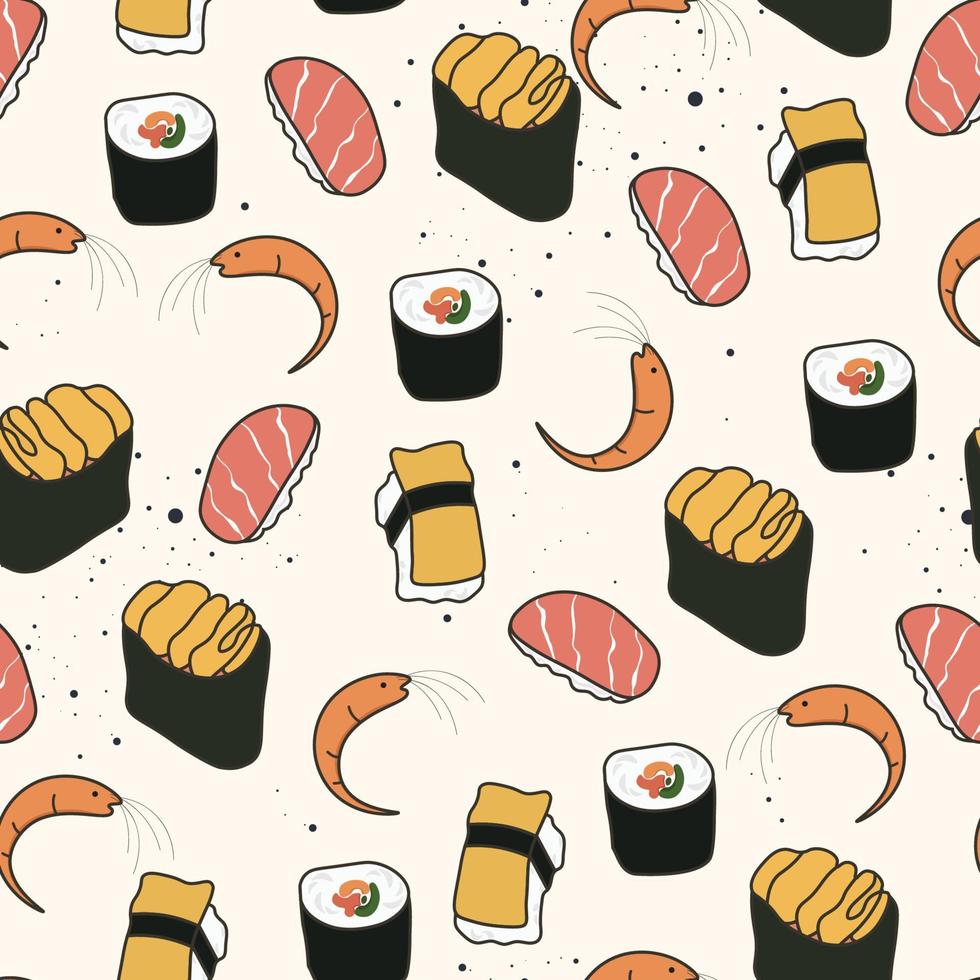 sin costura modelo con Sushi y rollos en un beige antecedentes. vector