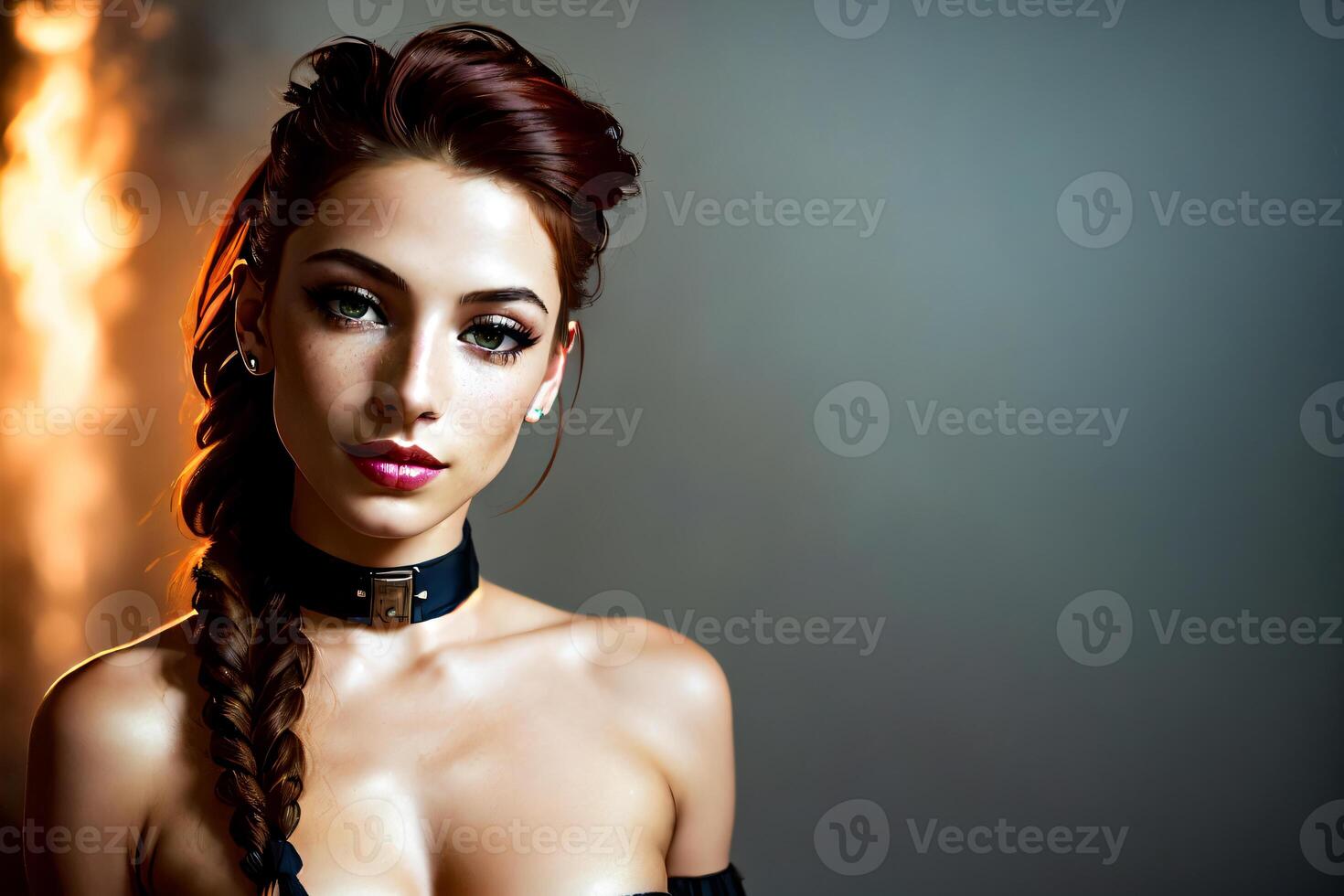 Portrait of beautiful young woman with braid hairstyle and makeup. . photo