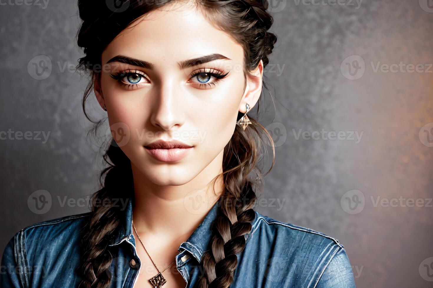 Fashion portrait of young beautiful woman with braid hairstyle. . photo