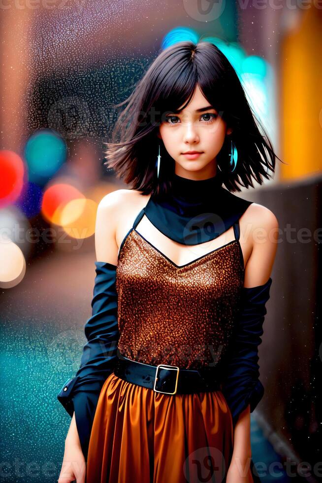 Young beautiful woman in a dress standing in the rain with hands on her hips and long hair, character portrait, retrofuturism. photo