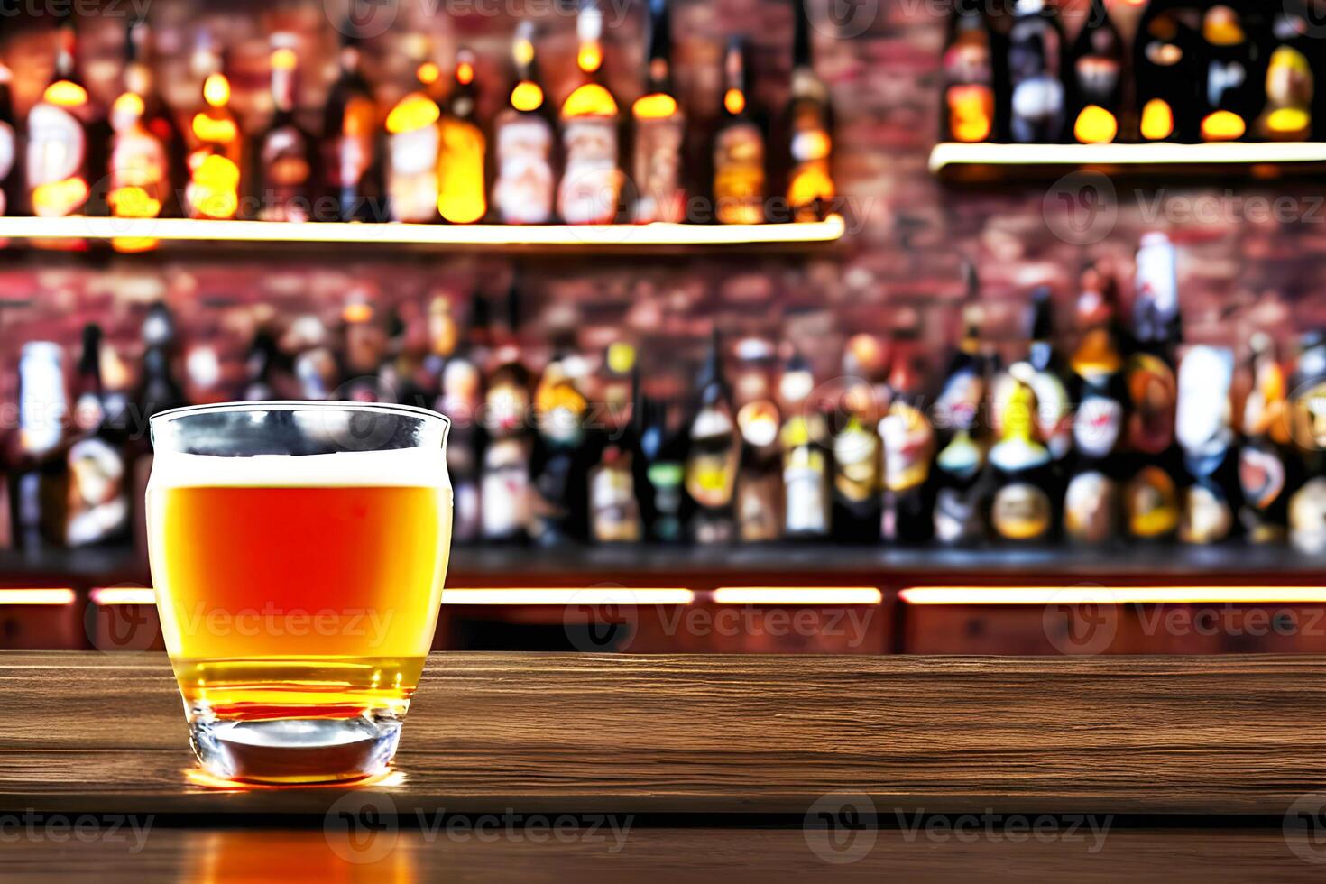 Beer in a glass mug with blur bar background, photo