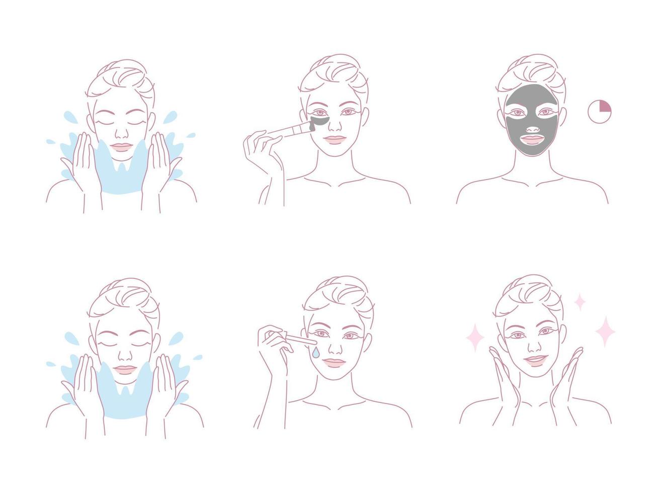 hermosa joven mujer tomar piel cuidado acerca de su cara procedimiento a hogar, lineal logo minimalista estilo. belleza cuerpo cuidado concepto. vector diseño ilustración.