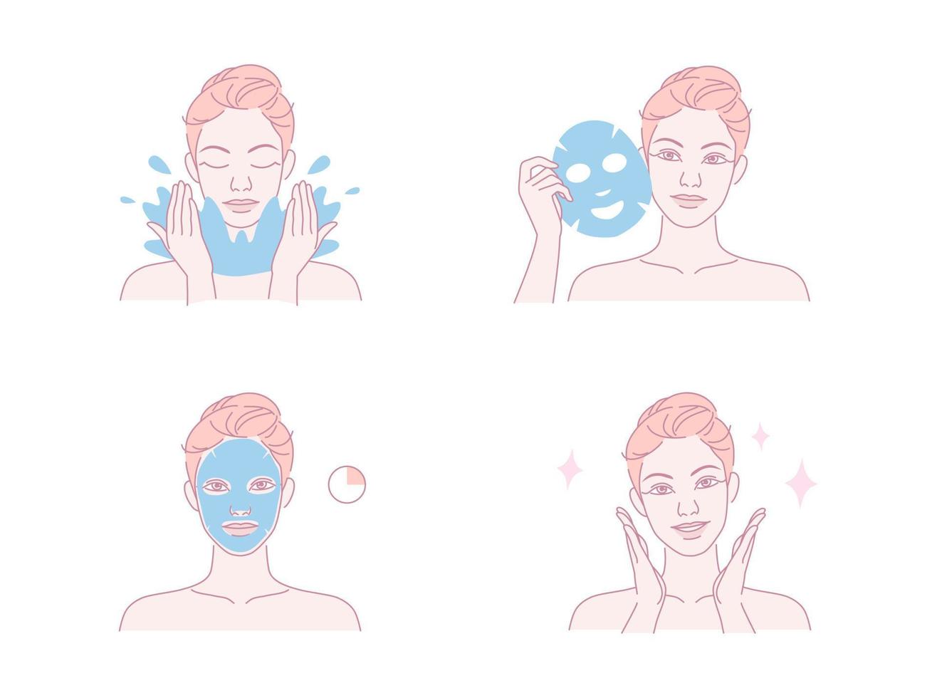 Beautiful young woman take skin care about her face and facial sheet mask procedure at home. Beauty face care concept. Vector design illustration.