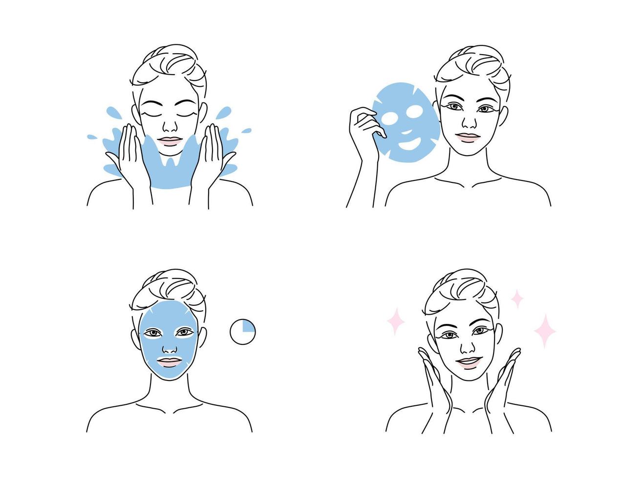 Beautiful young woman take skin care about her face and facial sheet mask procedure at home. Linear logo minimalist style. vector