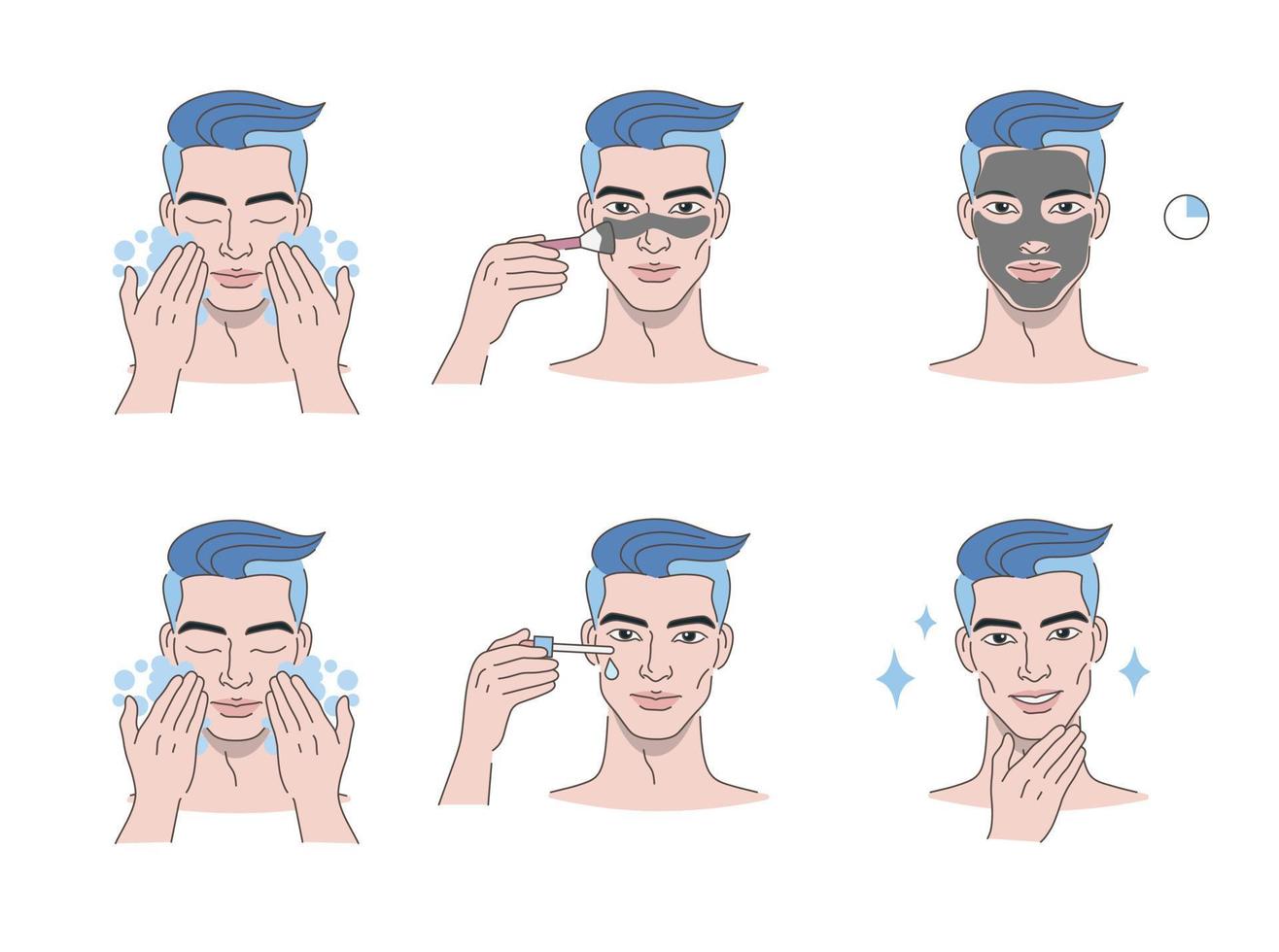 Beautiful young man take skin care about his face procedure at home. Beauty face care concept. Vector design illustration.