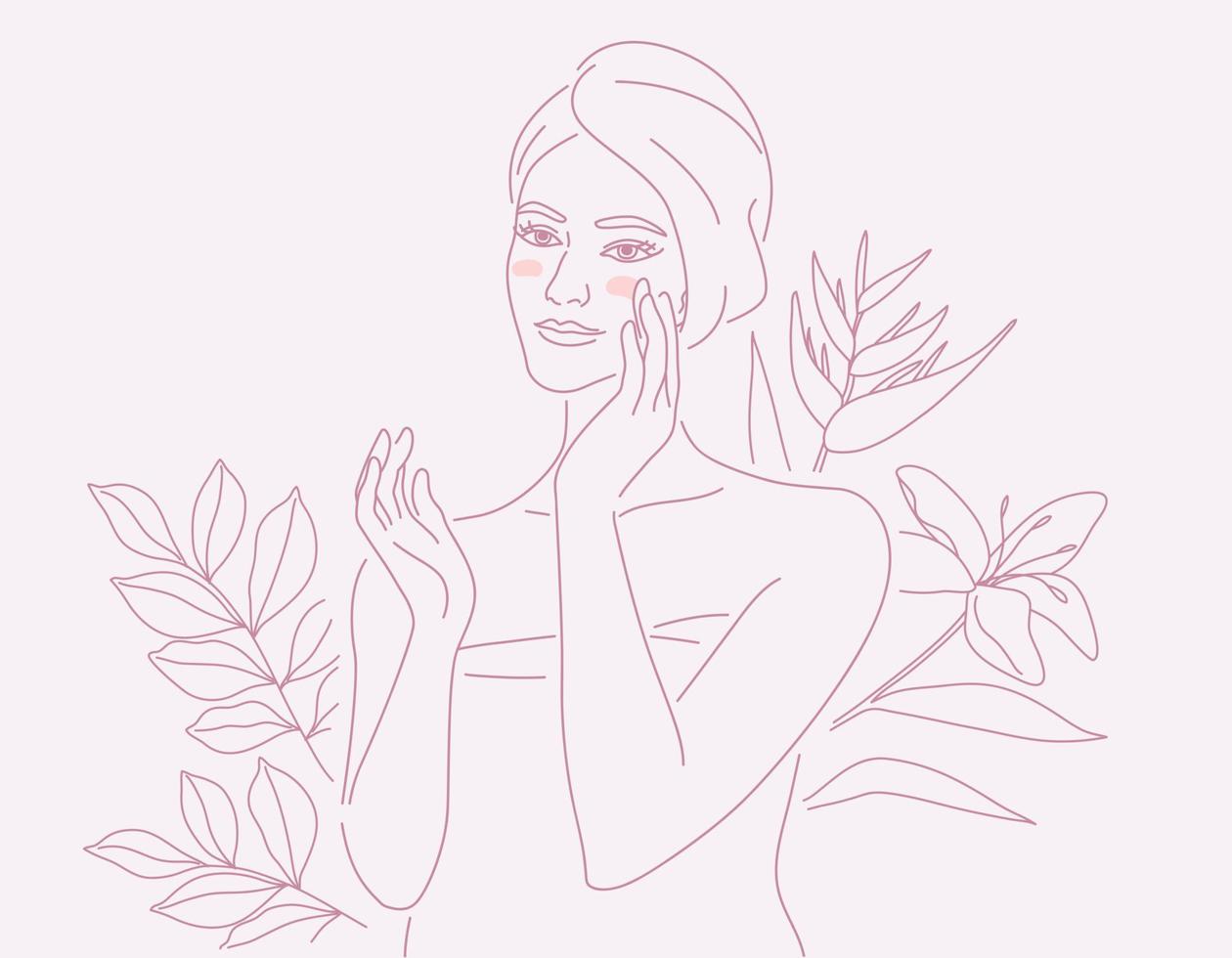 Beautiful young woman in towel doing skin care on her face, with flowers and leaves plants background, Linear logo minimalist style, vector