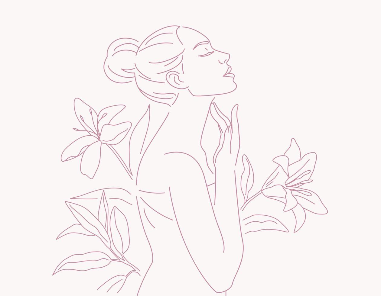 hermosa joven mujer en toalla haciendo piel cuidado en cuello área, con flores y hojas plantas fondo, lineal logo minimalista estilo, vector