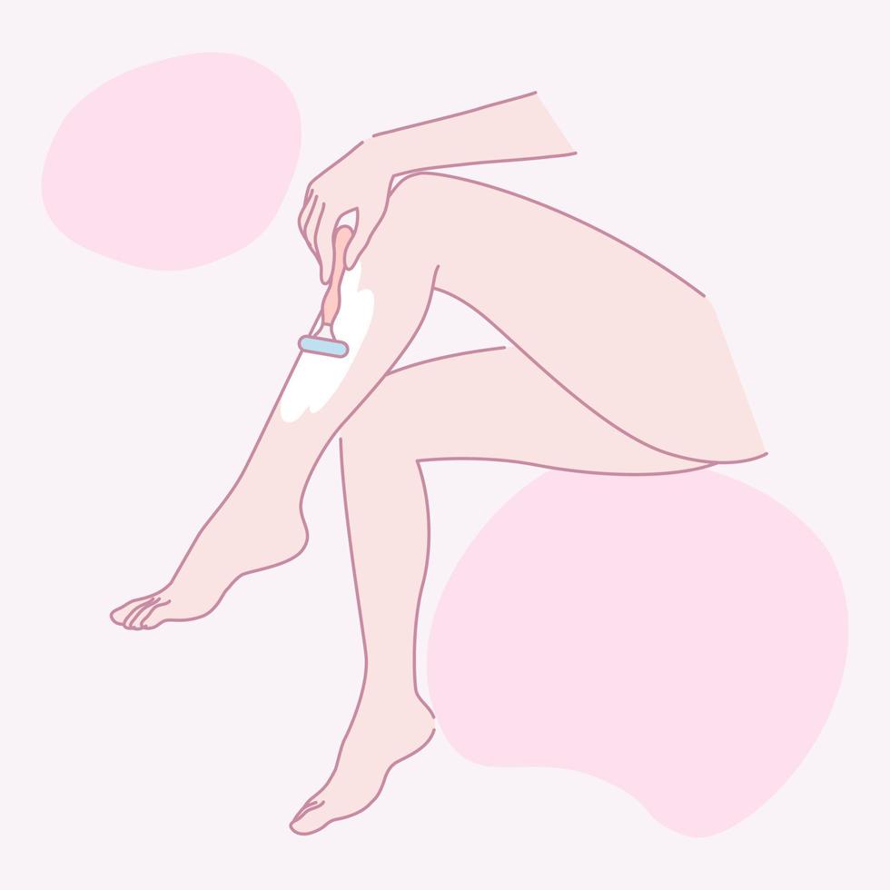 A woman shaving her legs. Hair removal. Beauty body care concept. Vector design illustration.