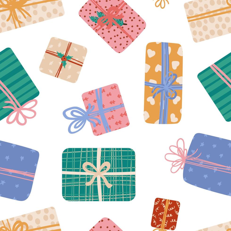 Gift Boxes with Ribbon and bows different shapes and sizes seamless pattern. Presents in festive wrapping paper for Christmas holiday or Birthday. Sale, shopping concept. Vector texture