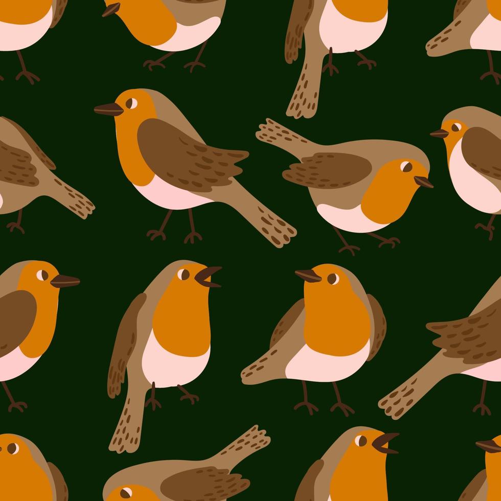 Robin birds vector seamless pattern. City urban birds winter, christmas texture.