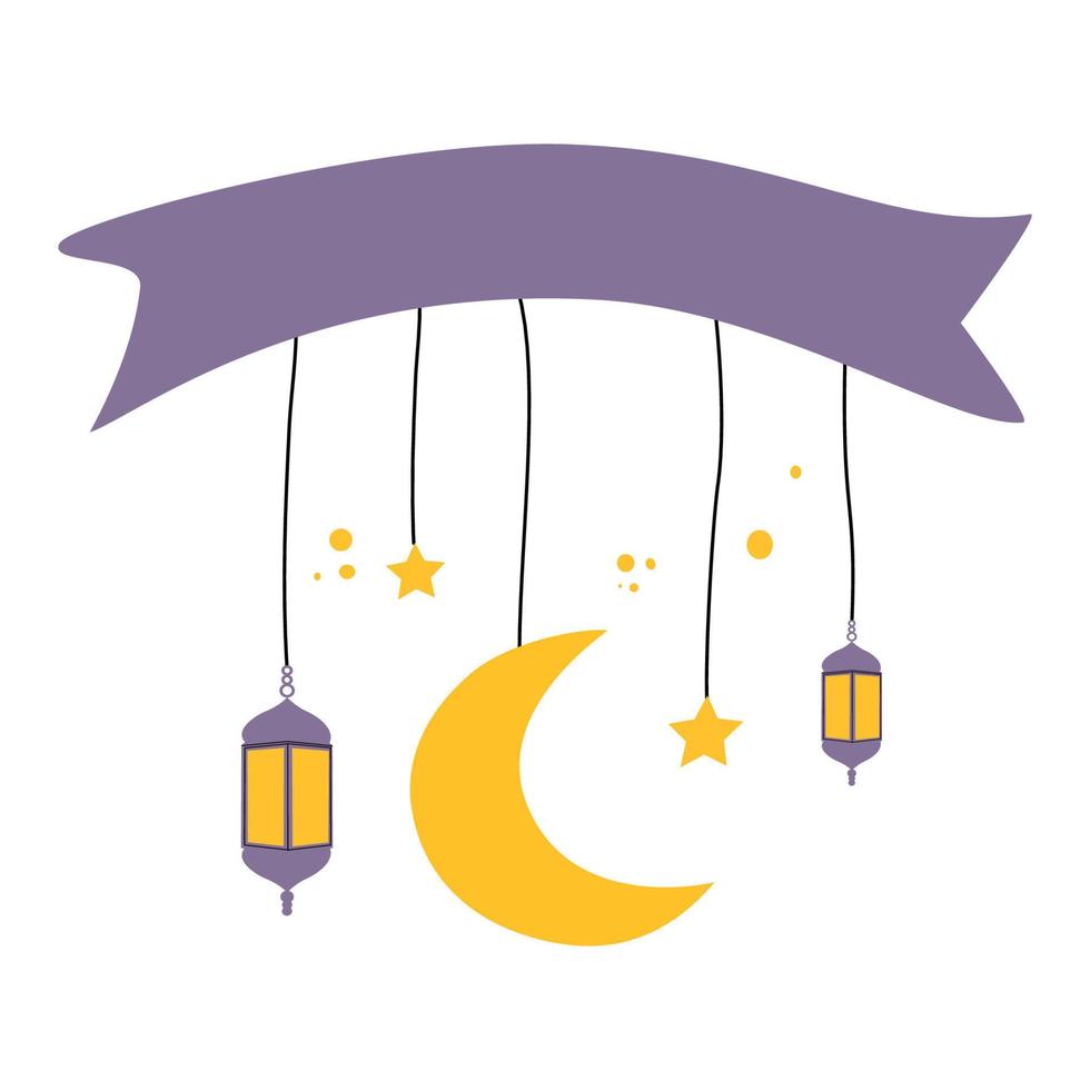 Crescent Moon and Lantern with Ketupat and Crescen Moon with Ribbon Banner Islamic Decoration vector