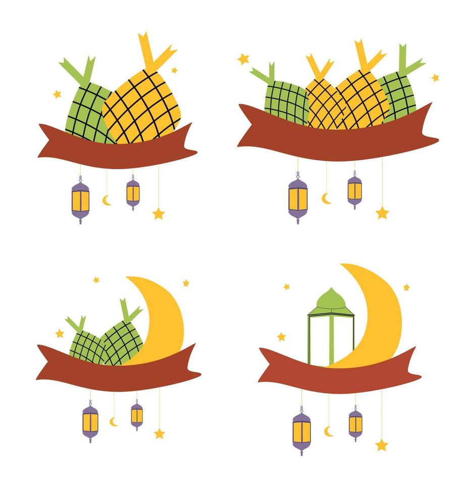 Set of Crescent Moon Ketupat and Lantern Islamic Decoration vector