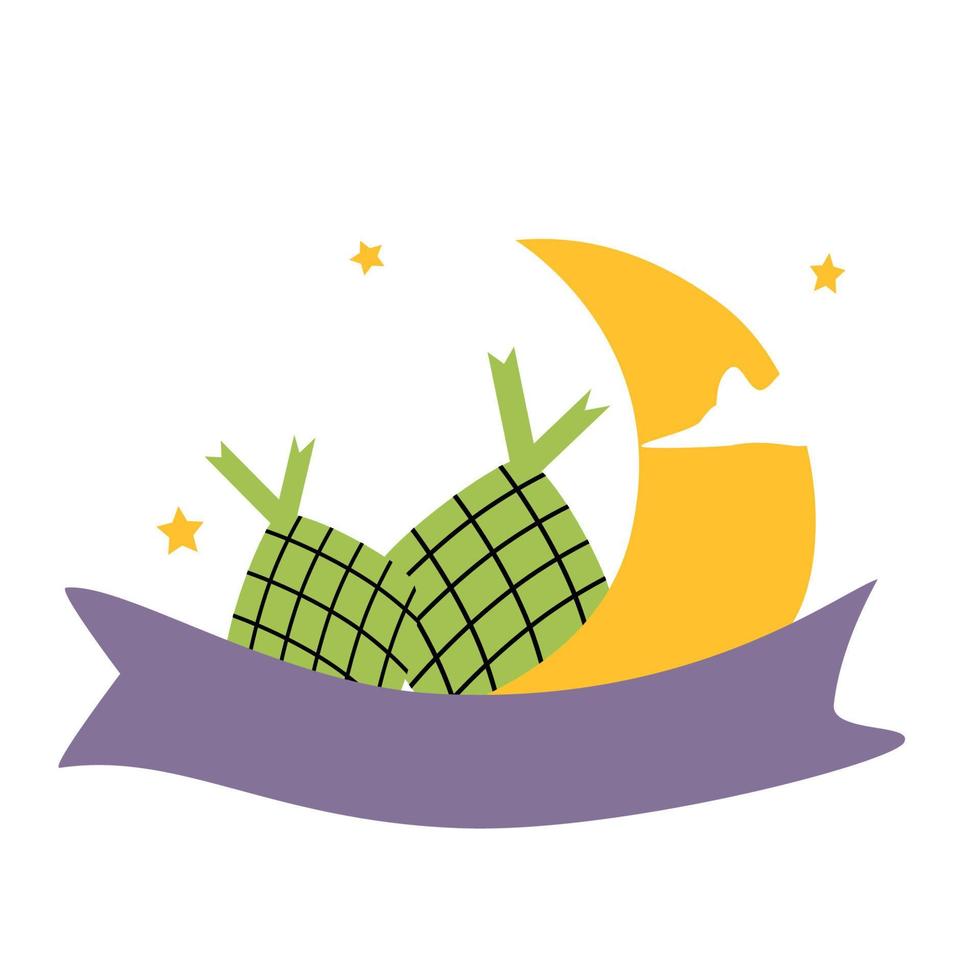 Ketupat and Crescen Moon with Ribbon Banner Islamic Decoration vector