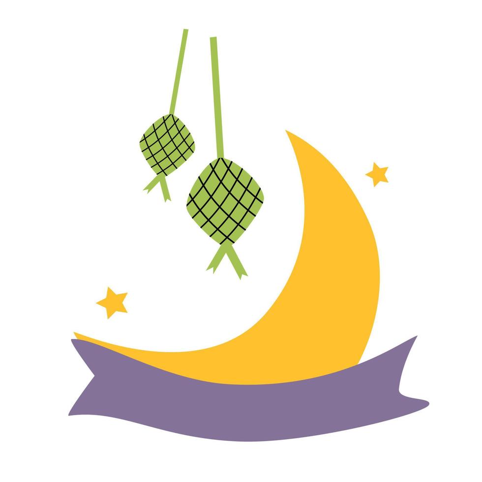 Ketupat and Crescen Moon with Ribbon Banner Islamic Decoration vector