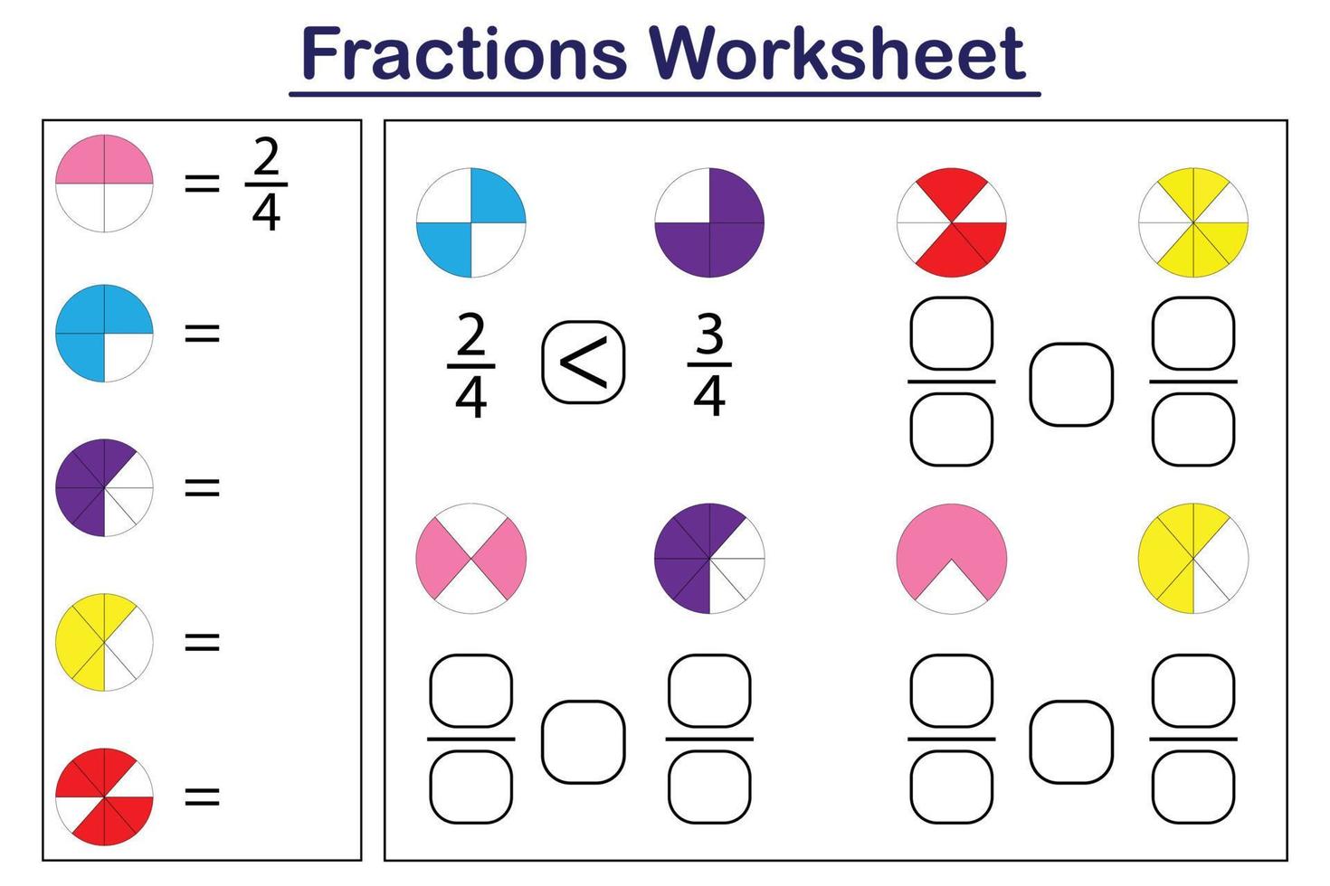 Fractions worksheet. Learn fraction mathematics worksheets in kindergarten vector