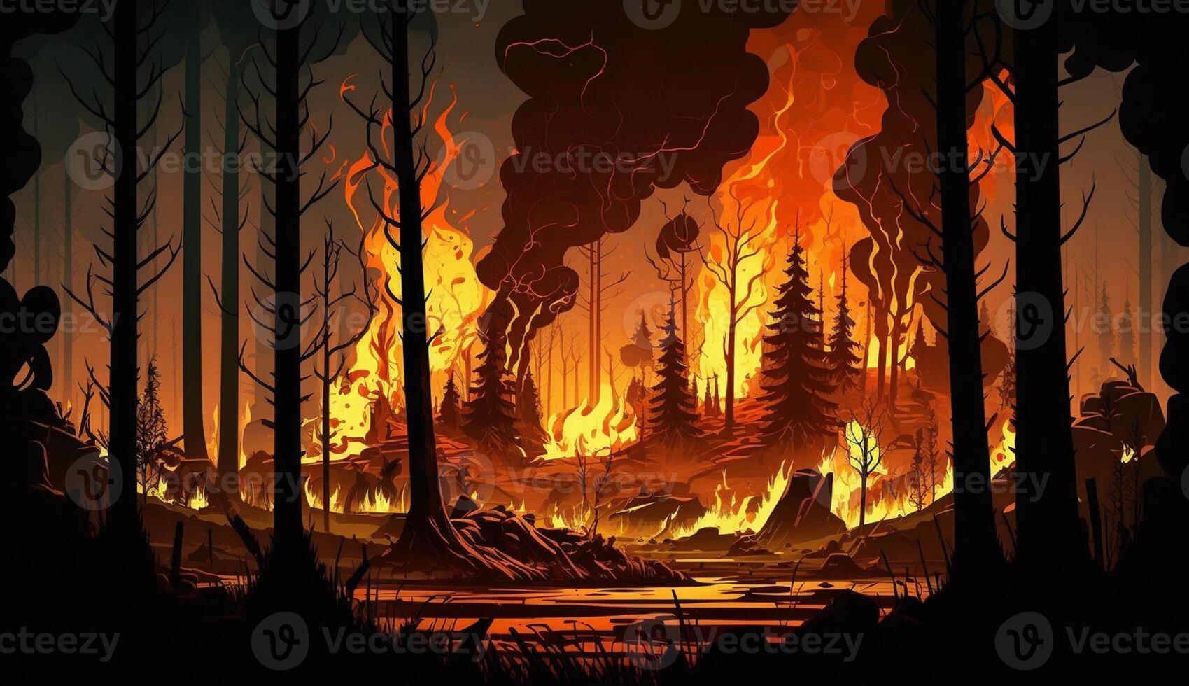 realistic cartoon illustration of forest on fire and full of smoke, photo