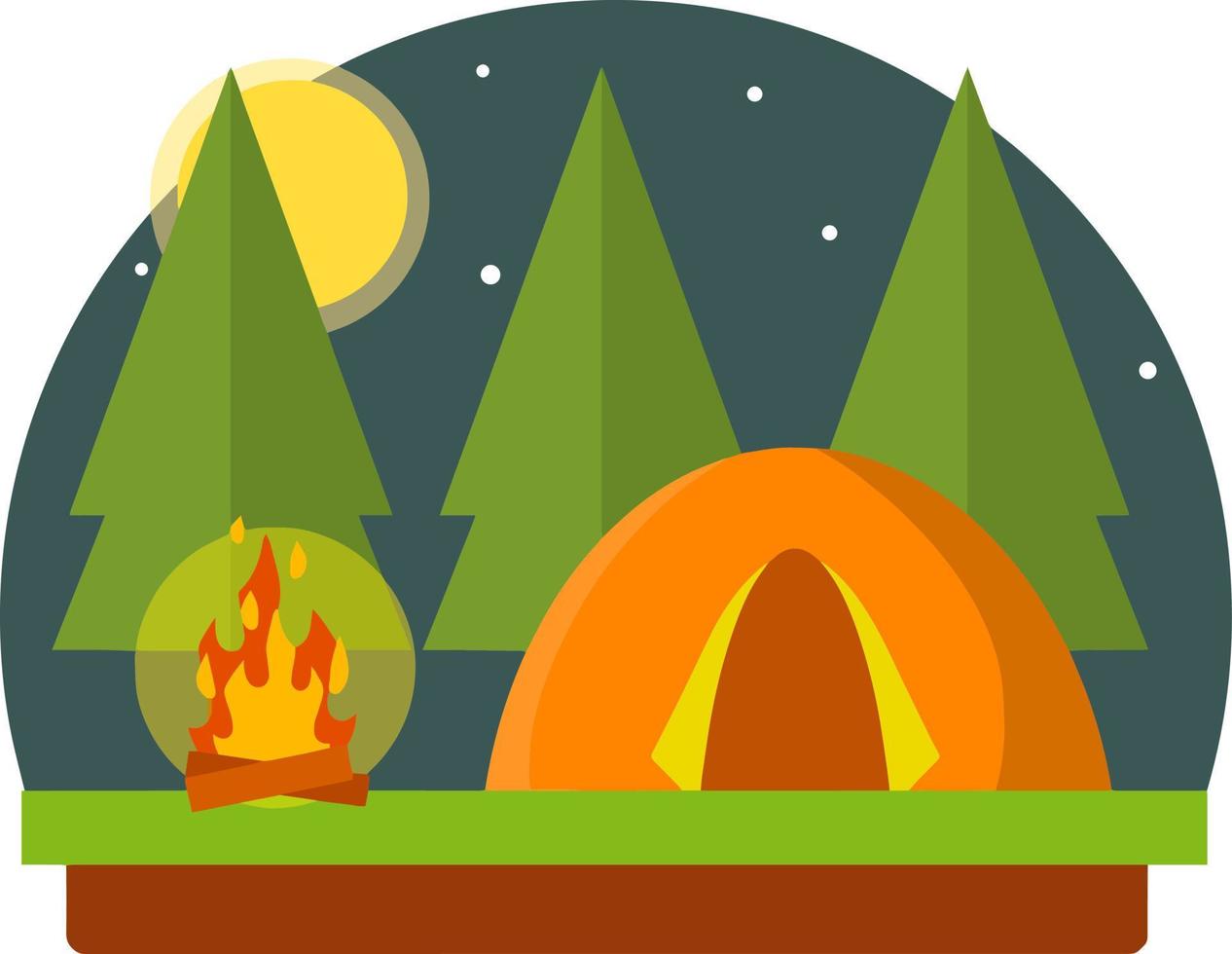 Yellow tent in the woods. Trip to nature. Outdoor activity. Camp and hike. Trees and night with moon. campfire and rest in forest. vector