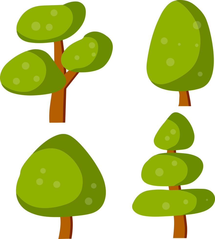Set of trees for summer nature. Park and forest with green leaves. Plants of different shapes. Cartoon flat illustration, vector