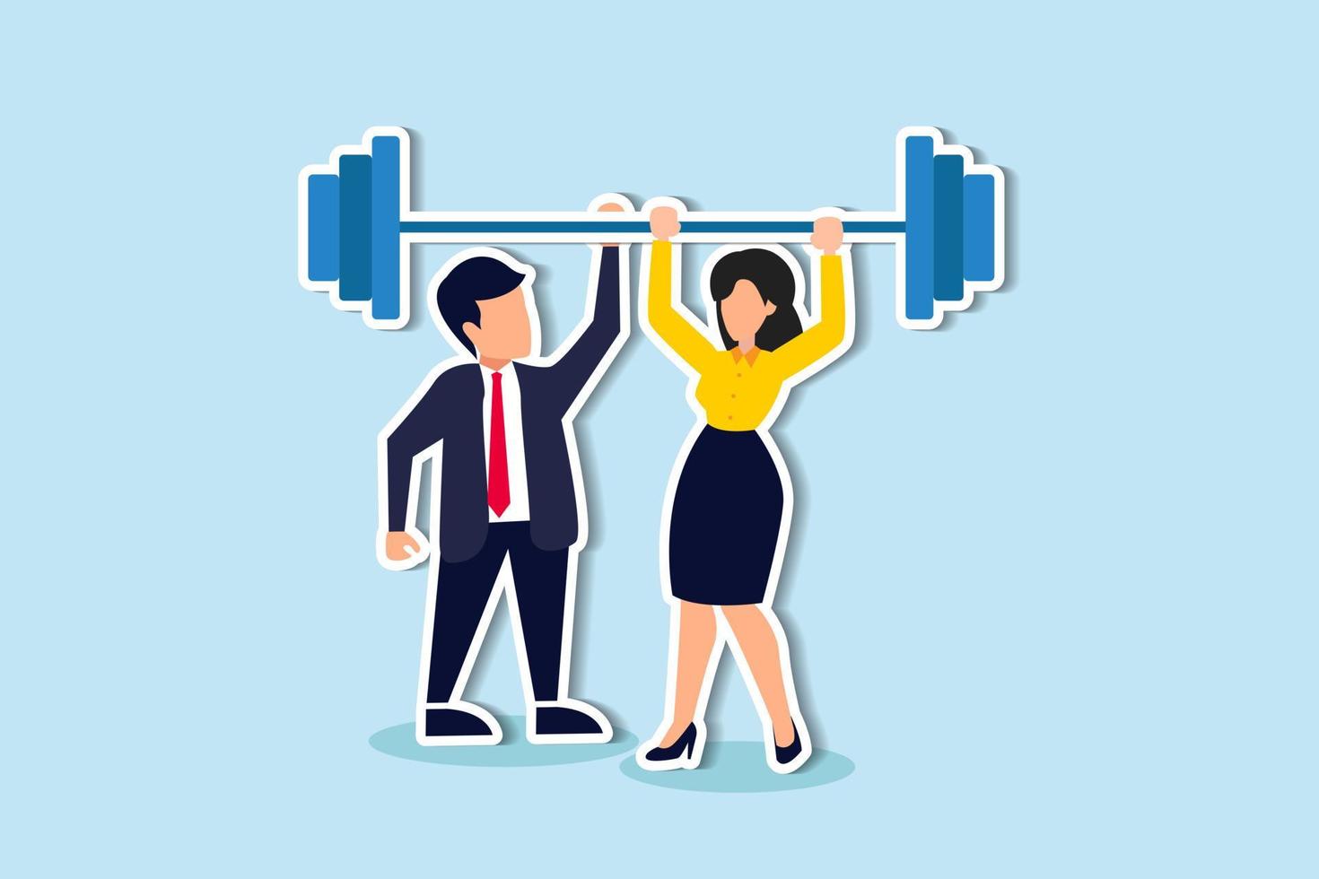 Teamwork to support for success, cooperate or collaboration to achieve strength, help or togetherness for business solution concept, business people office team help lifting heavy weight successfully vector