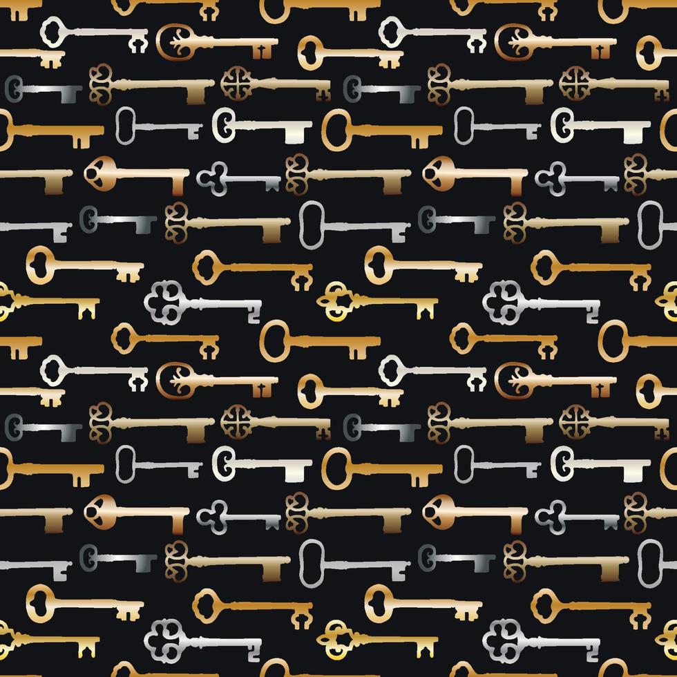 Vintage seamless pattern with different antique keys in gold and silver metal on black background. vector