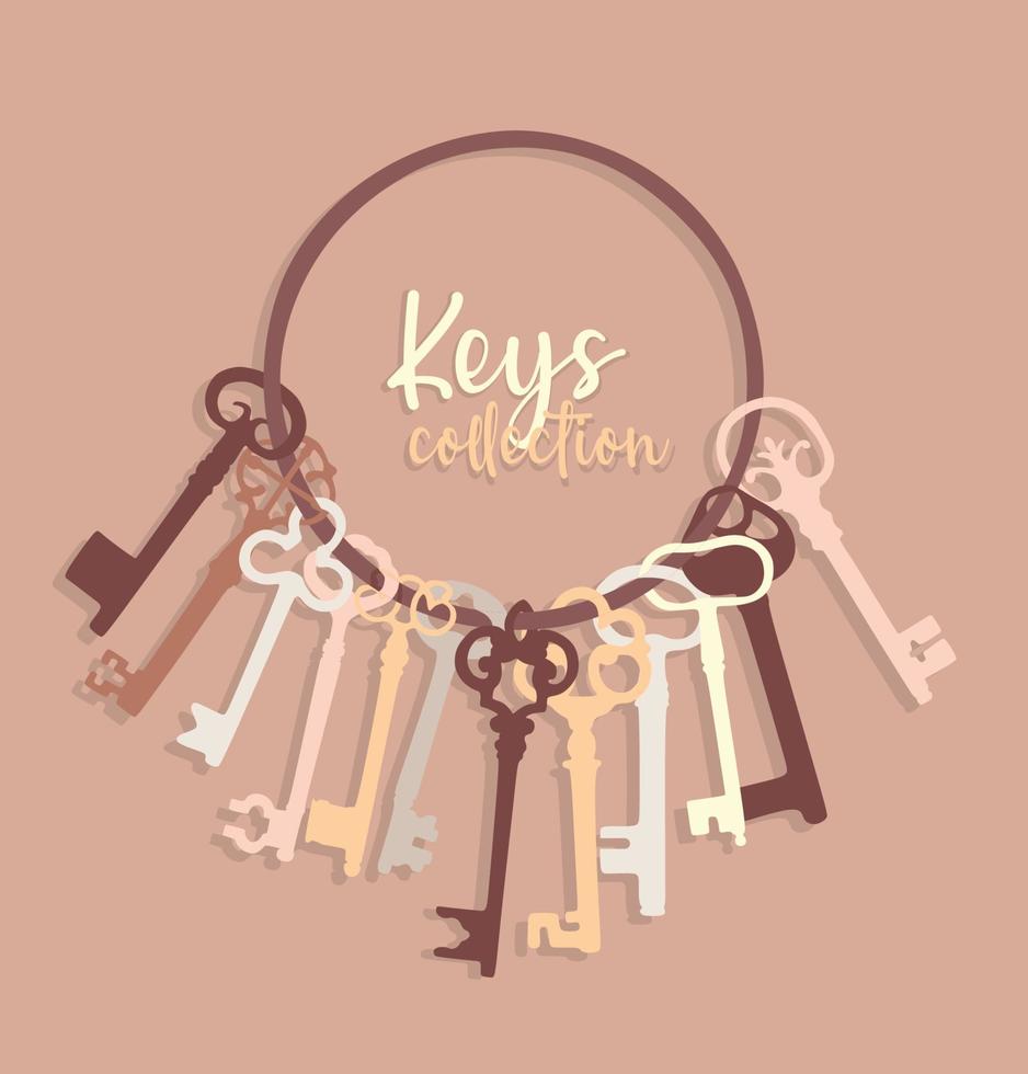 Bunch of keys cute hand drawn isolated silhouette on a pink background. Vector illustration for greeting cards, posters, stickers.