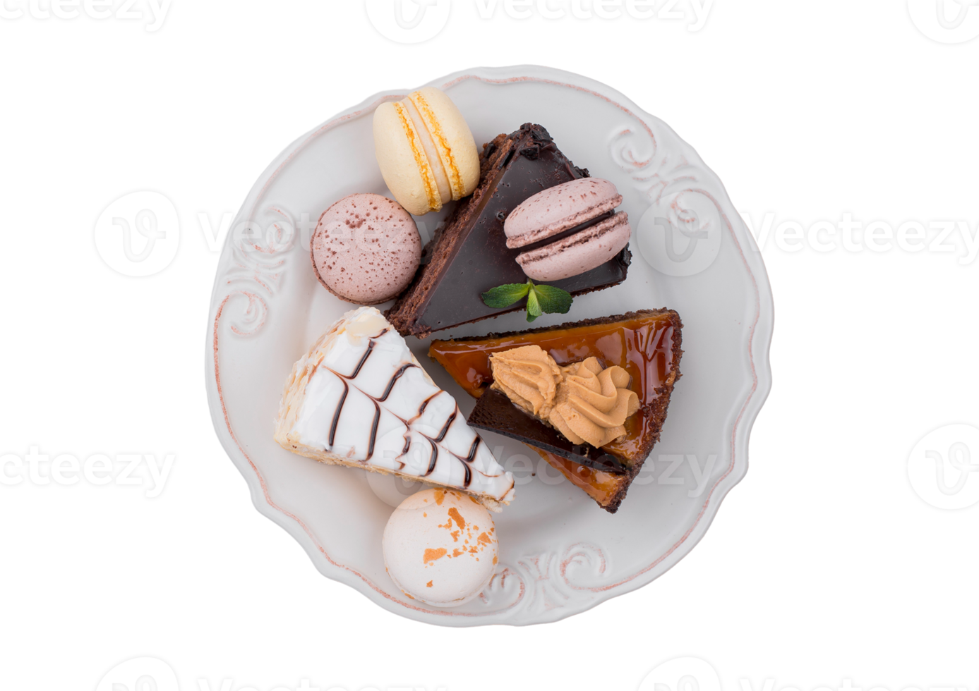 White plate with three differents types of desserts isolate on a transparent background png