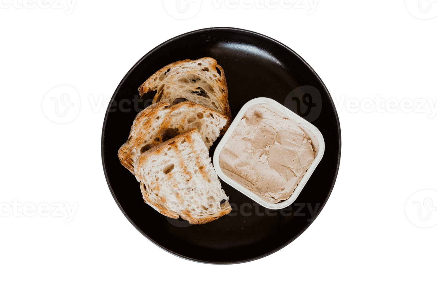 Black plate with toast bread and deep isolated on a transparent