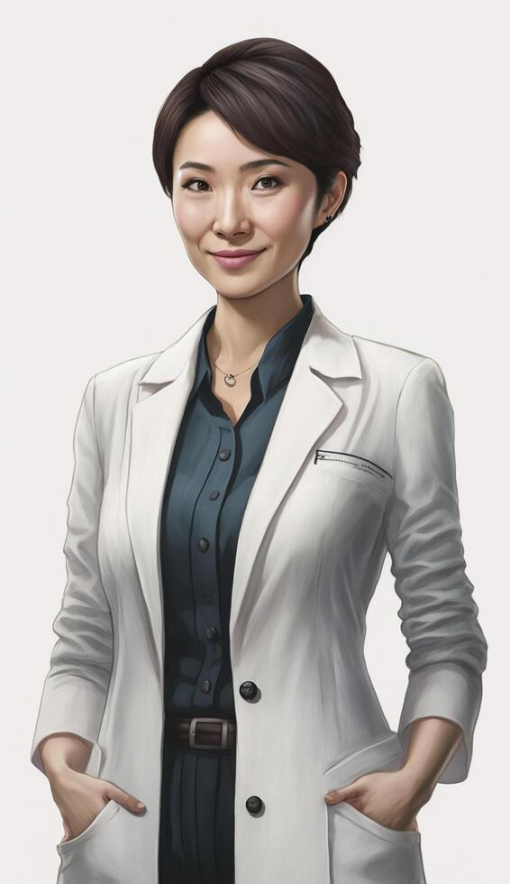 ultra realistic illustration of a short haired Japanese female doctor posing with a smile, photo