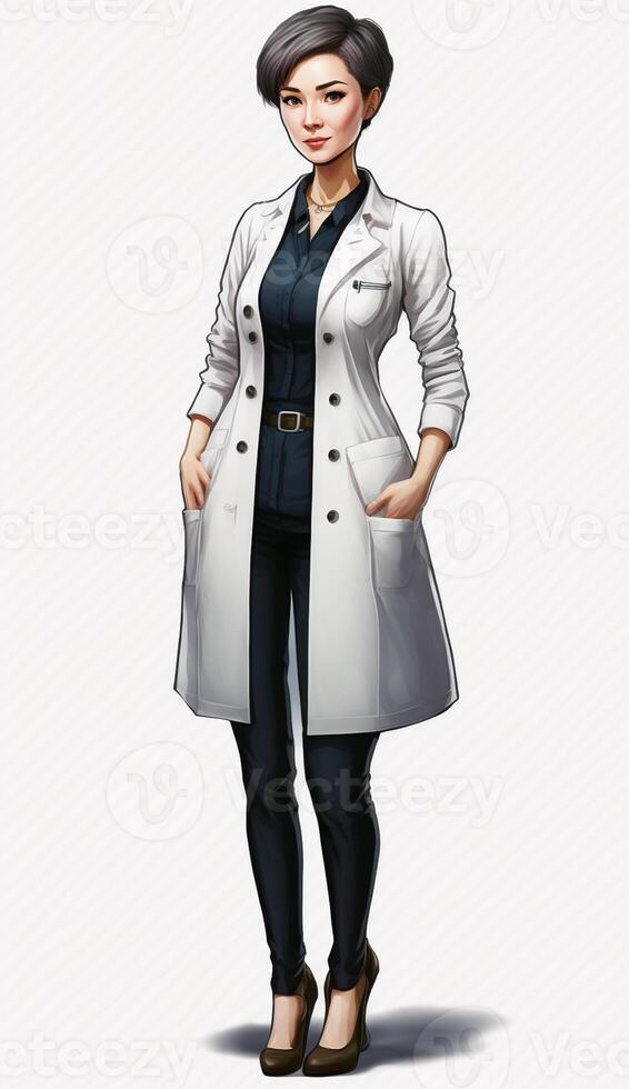 ultra realistic illustration of a short haired Japanese female doctor posing with a smile, photo