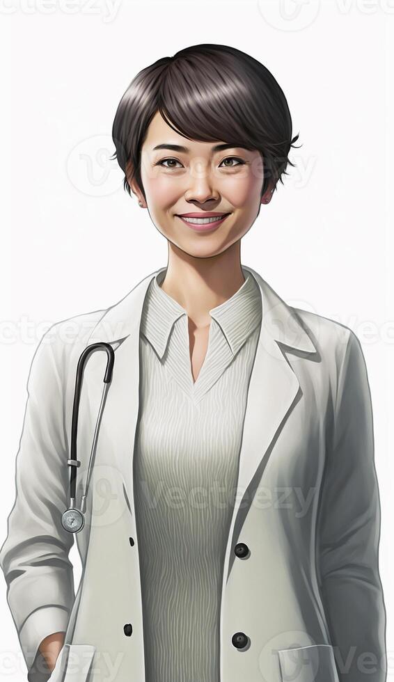 ultra realista ilustración de un corto peludo japonés hembra médico posando con un sonríe generativo foto