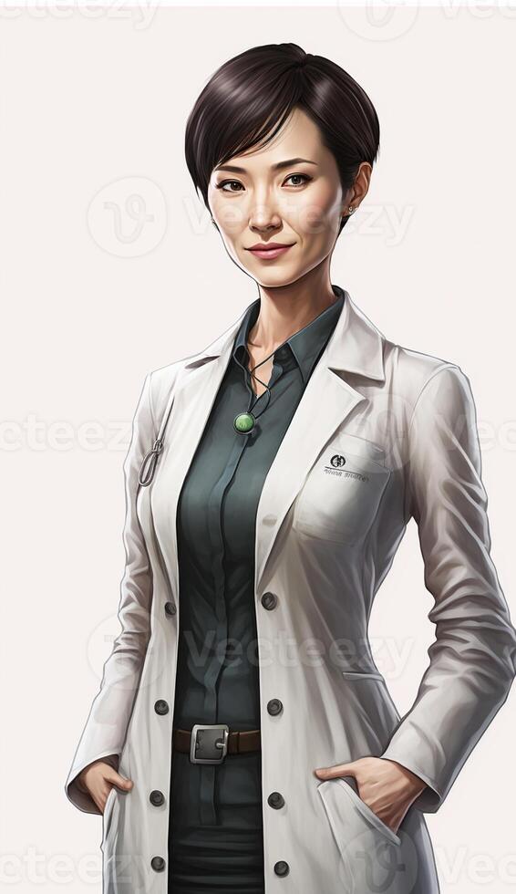 ultra realistic illustration of a short haired Japanese female doctor posing with a smile, photo