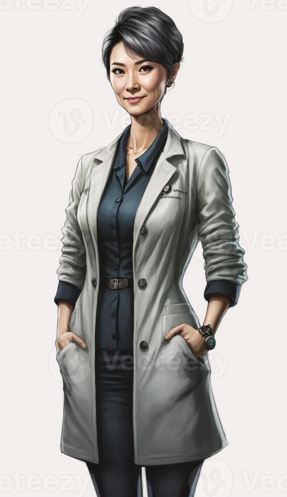 ultra realistic illustration of a short haired Japanese female doctor posing with a smile, photo