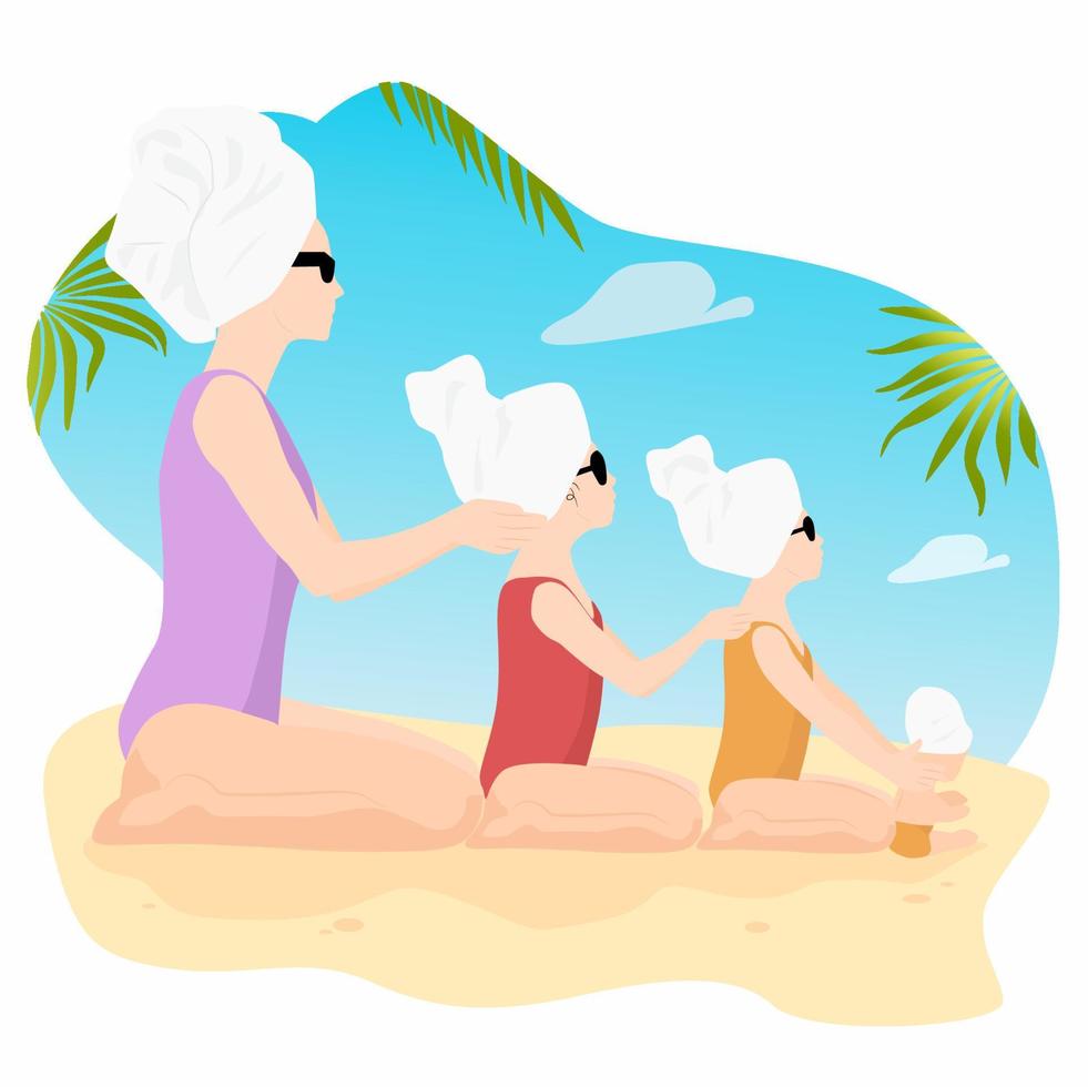 mamá y muchachas con un toalla en pelo y Gafas de sol sentado en arena a trópico playa vector ilustración. spa relajarse. playa feriado.nacional burbuja bañera día. nacional soltero padre día.