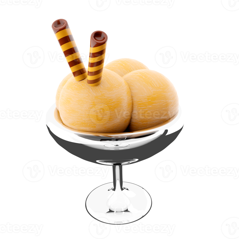 3d Rendern vier Schaufeln von Eis Sahne im ein Glas Symbol. 3d machen Vanille Eis Sahne mit zwei Waffel Stöcke Symbol. png