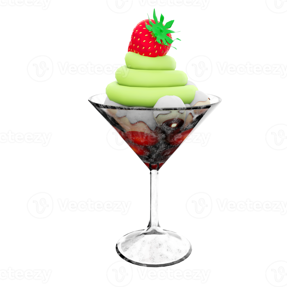 3d rendering ice cream in a glass icon. 3d render apple ice cream with strawberries icon. png