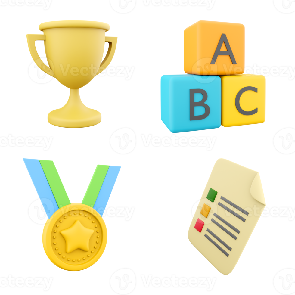3D rendering golden cup, A B C blocks, first place medal with star and answer paper icon set. 3d render competitions and development icon set. png