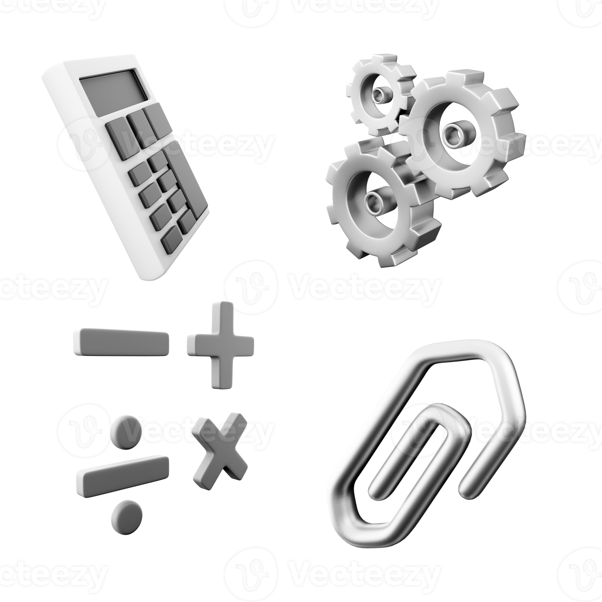 3d rendering calculator, three gears, add, subtract, multiply, divide ...